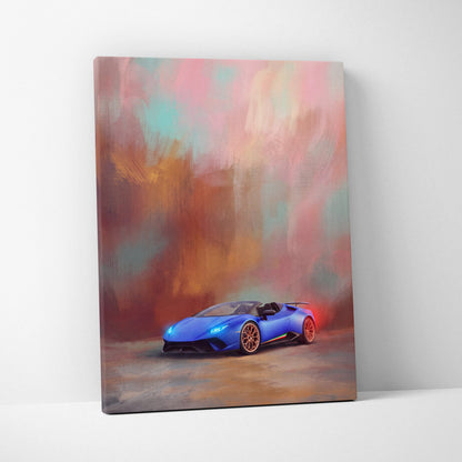 Blue Lamborghini Huracán Evo Spyder convertible canvas print with glowing headlights and orange wheels on abstract background