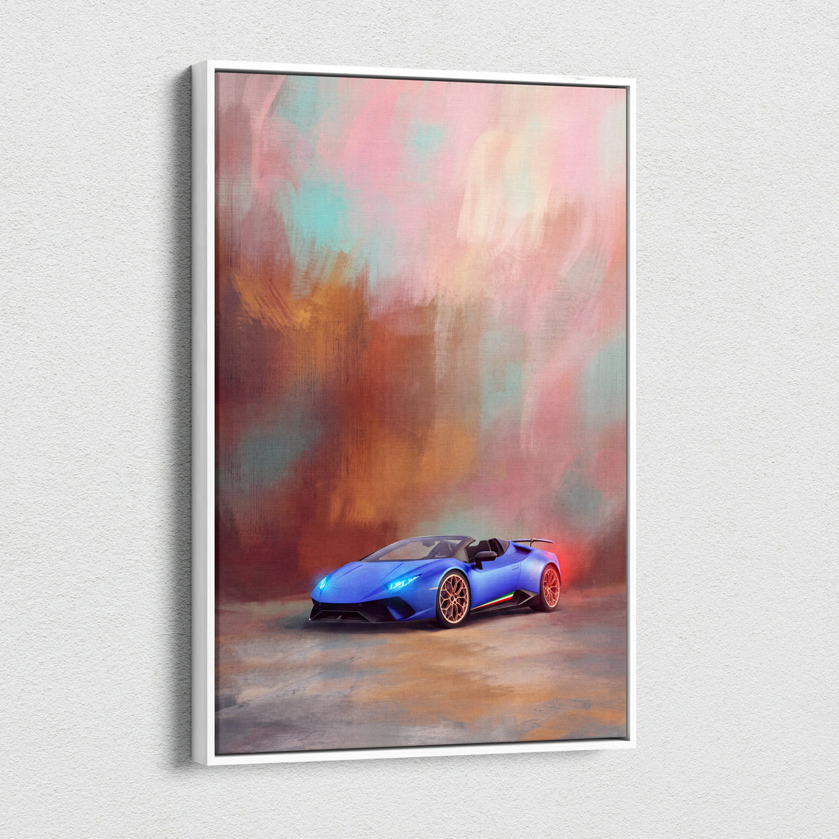 A vibrant blue Lamborghini Huracán Evo Spyder convertible in a modern abstract painting on canvas wall art