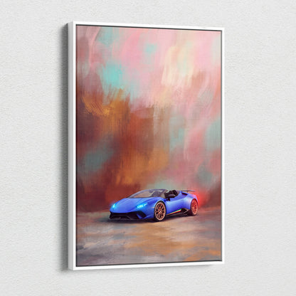 A vibrant blue Lamborghini Huracán Evo Spyder convertible in a modern abstract painting on canvas wall art