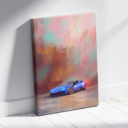 Blue Lamborghini Huracán Evo Spyder convertible canvas print with colorful abstract background for custom wall art