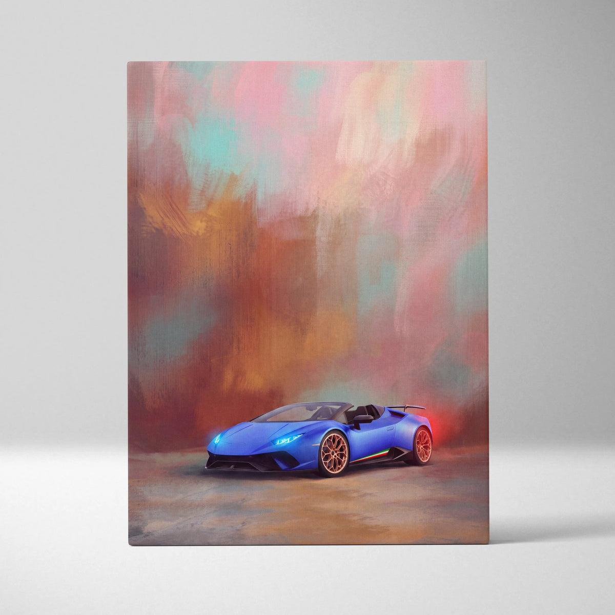 Lamborghini Huracán Evo Spyder inspired supercar canvas art featuring vibrant blue convertible with gold rims and glowing headlights