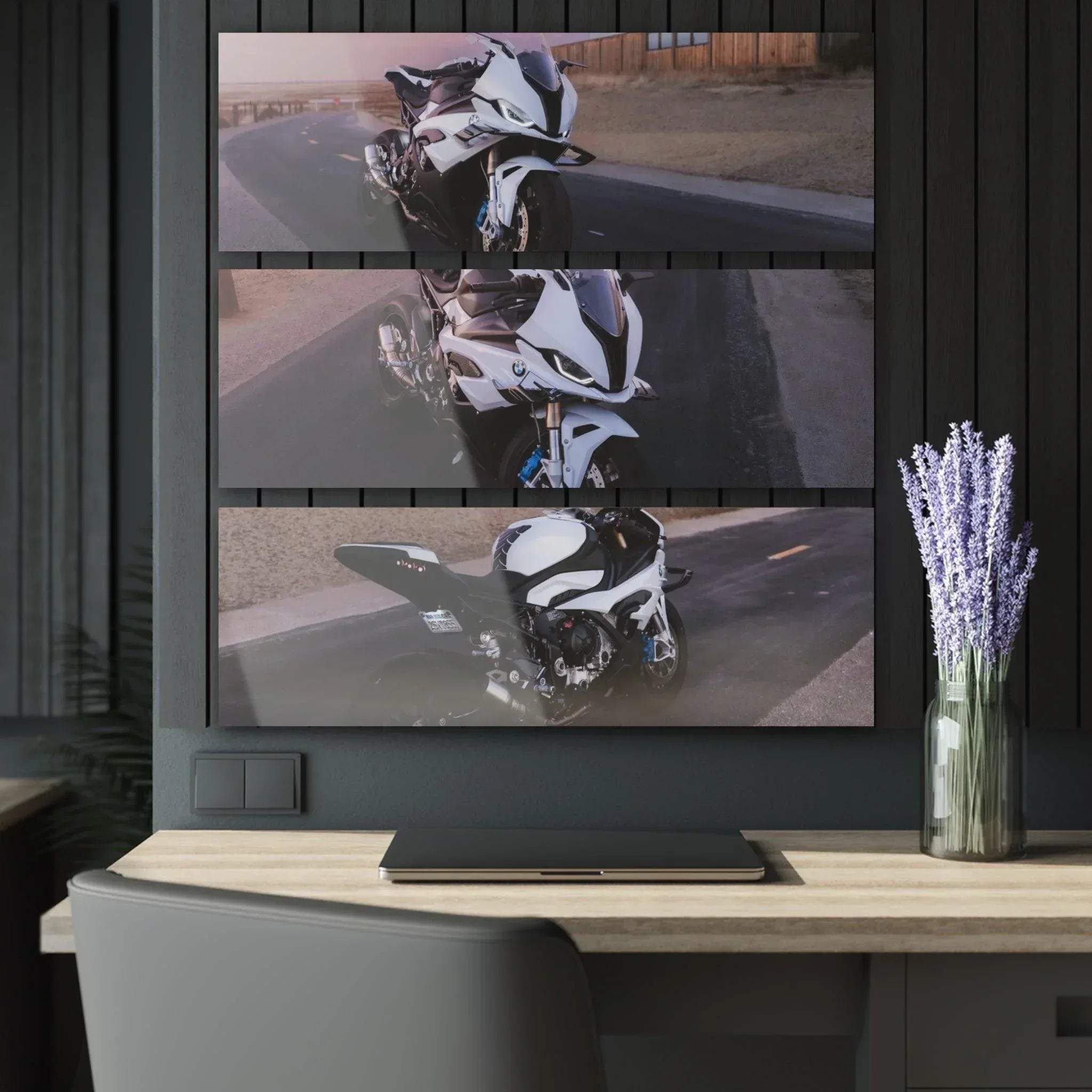 BMW S1000RR motorcycle canvas art split into three horizontal panels in black and white wall art decor.