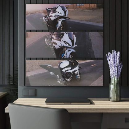 BMW S1000RR motorcycle canvas art split into three horizontal panels in black and white wall art decor.