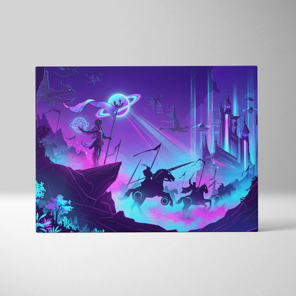 Vaporwave Neon Fantasy Canvas - Mystical Neon Characters Purple Blue Vaporwave Wall Art Dreamy Mood, Retro Futurism