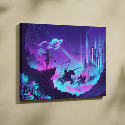 Vaporwave Neon Fantasy Canvas - Mystical Neon Characters Purple Blue Vaporwave Wall Art Dreamy Mood, Retro Futurism