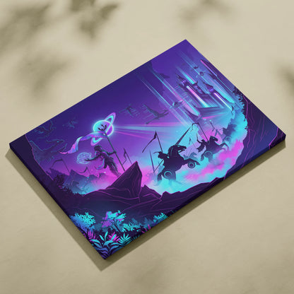 Vaporwave Neon Fantasy Canvas - Mystical Neon Characters Purple Blue Vaporwave Wall Art Dreamy Mood, Retro Futurism