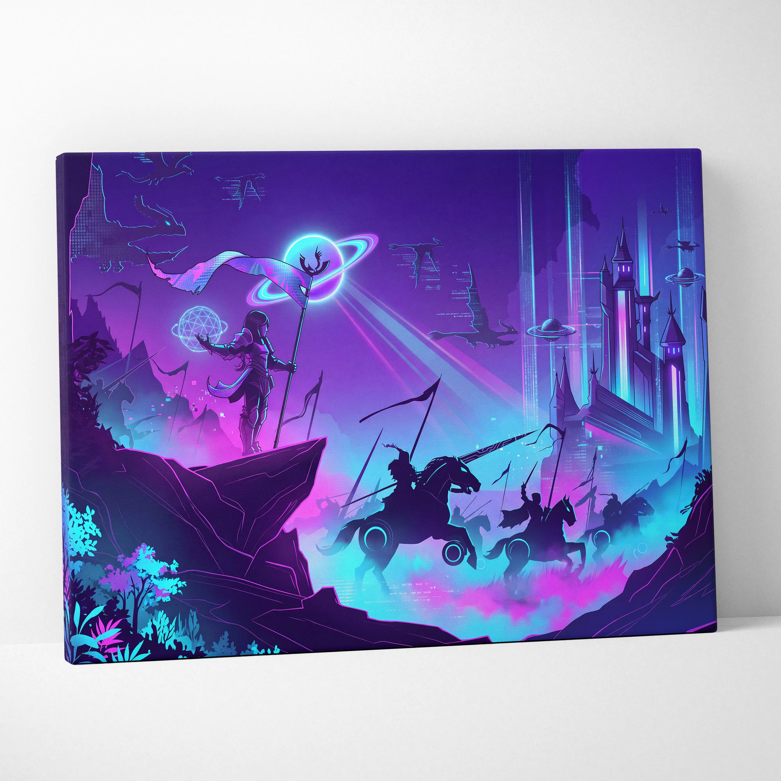 Vaporwave Neon Fantasy Canvas - Mystical Neon Characters Purple Blue Vaporwave Wall Art Dreamy Mood, Retro Futurism