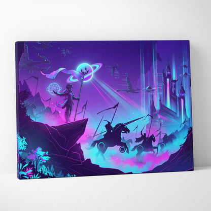 Vaporwave Neon Fantasy Canvas - Mystical Neon Characters Purple Blue Vaporwave Wall Art Dreamy Mood, Retro Futurism
