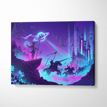 Vaporwave Neon Fantasy Canvas - Mystical Neon Characters Purple Blue Vaporwave Wall Art Dreamy Mood, Retro Futurism