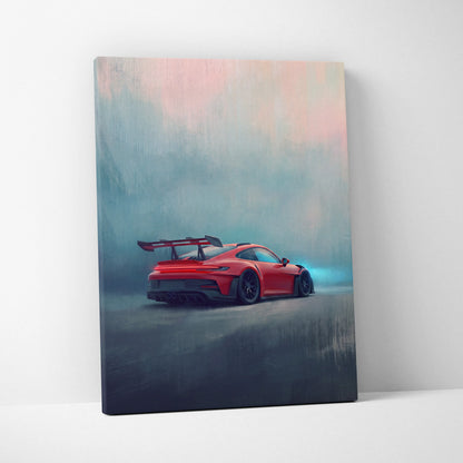 Porsche 911 gt3 rs inspired canvas art featuring a red sports car with a dramatic misty backdrop for wall decor