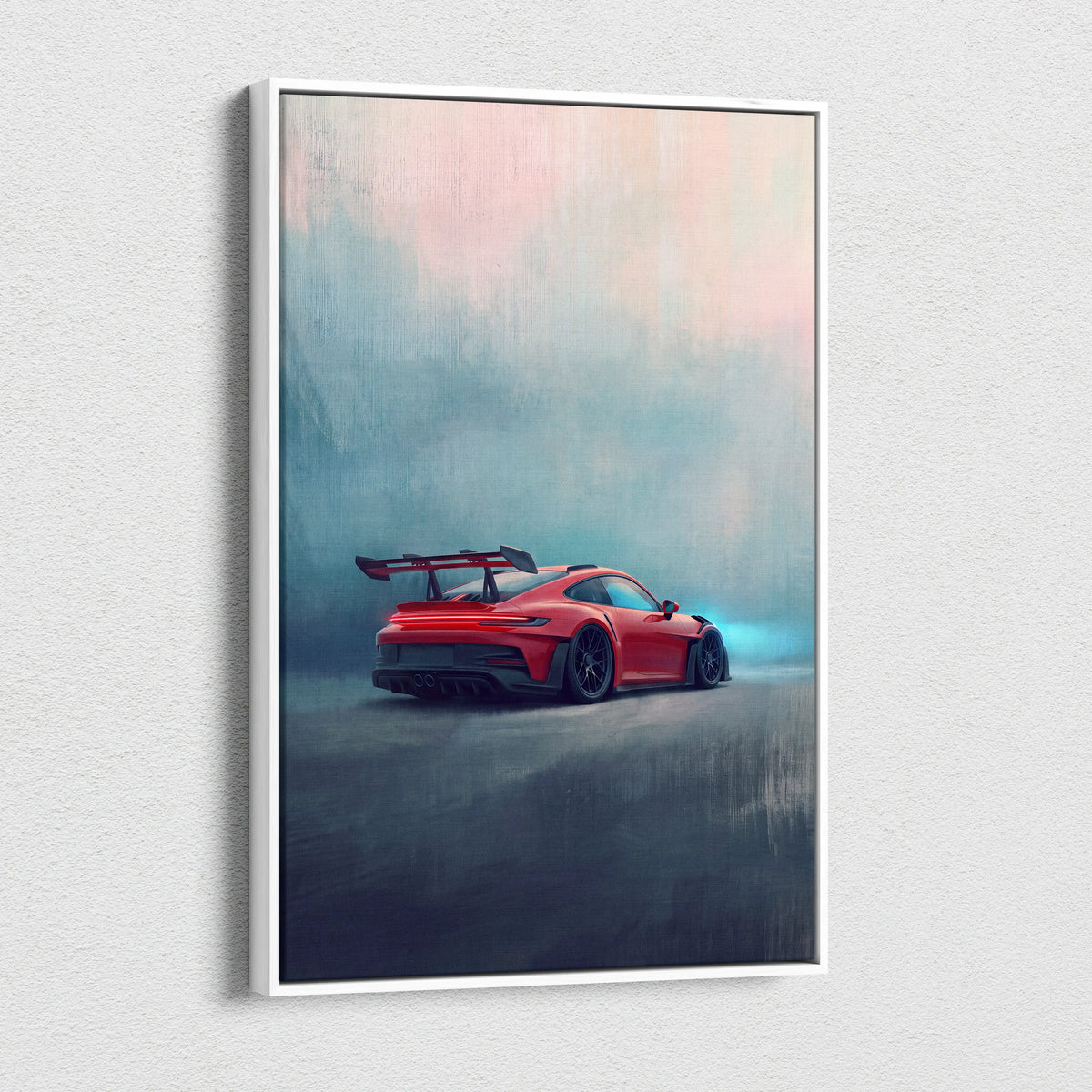 Red porsche 911 gt3 rs sports car with blue underglow and black wheels on premium canvas automotive wall decor