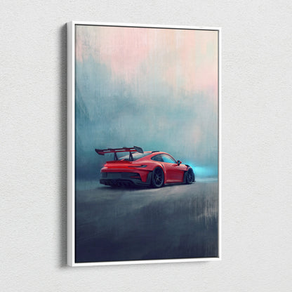 Red porsche 911 gt3 rs sports car with blue underglow and black wheels on premium canvas automotive wall decor