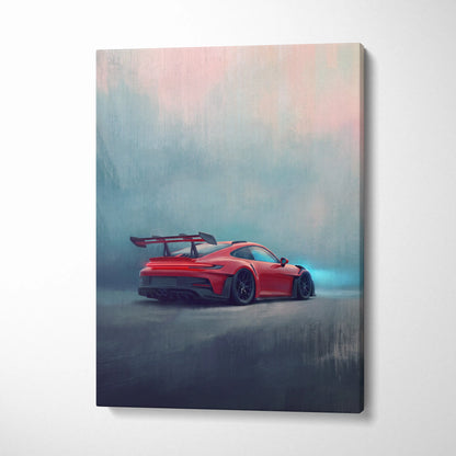 Vibrant red porsche 911 gt3 rs sports car on misty background printed on premium canvas automotive wall decor