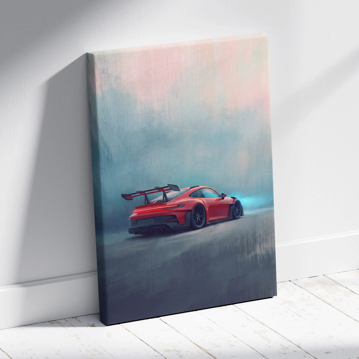 Red porsche 911 gt3 rs inspired canvas art featuring sleek aerodynamic design and black racing wheels for wall decor