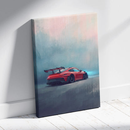 Red porsche 911 gt3 rs inspired canvas art featuring sleek aerodynamic design and black racing wheels for wall decor