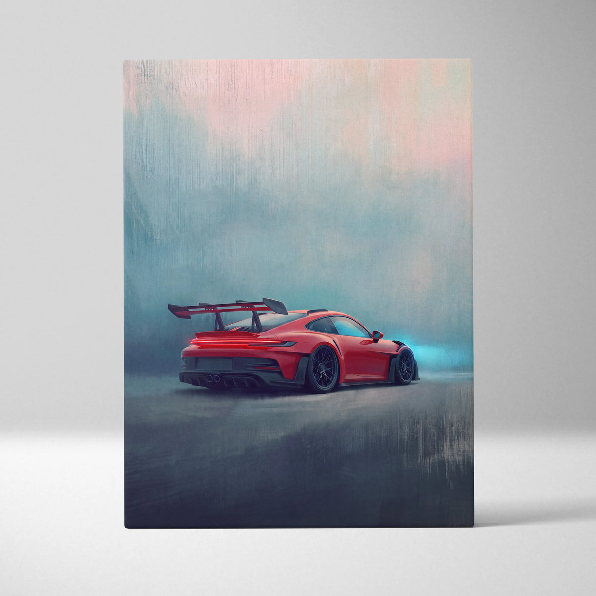 Red porsche 911 gt3 rs inspired canvas art with rear wing and black racing wheels premium automotive wall decor