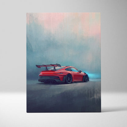 Red porsche 911 gt3 rs inspired canvas art with rear wing and black racing wheels premium automotive wall decor