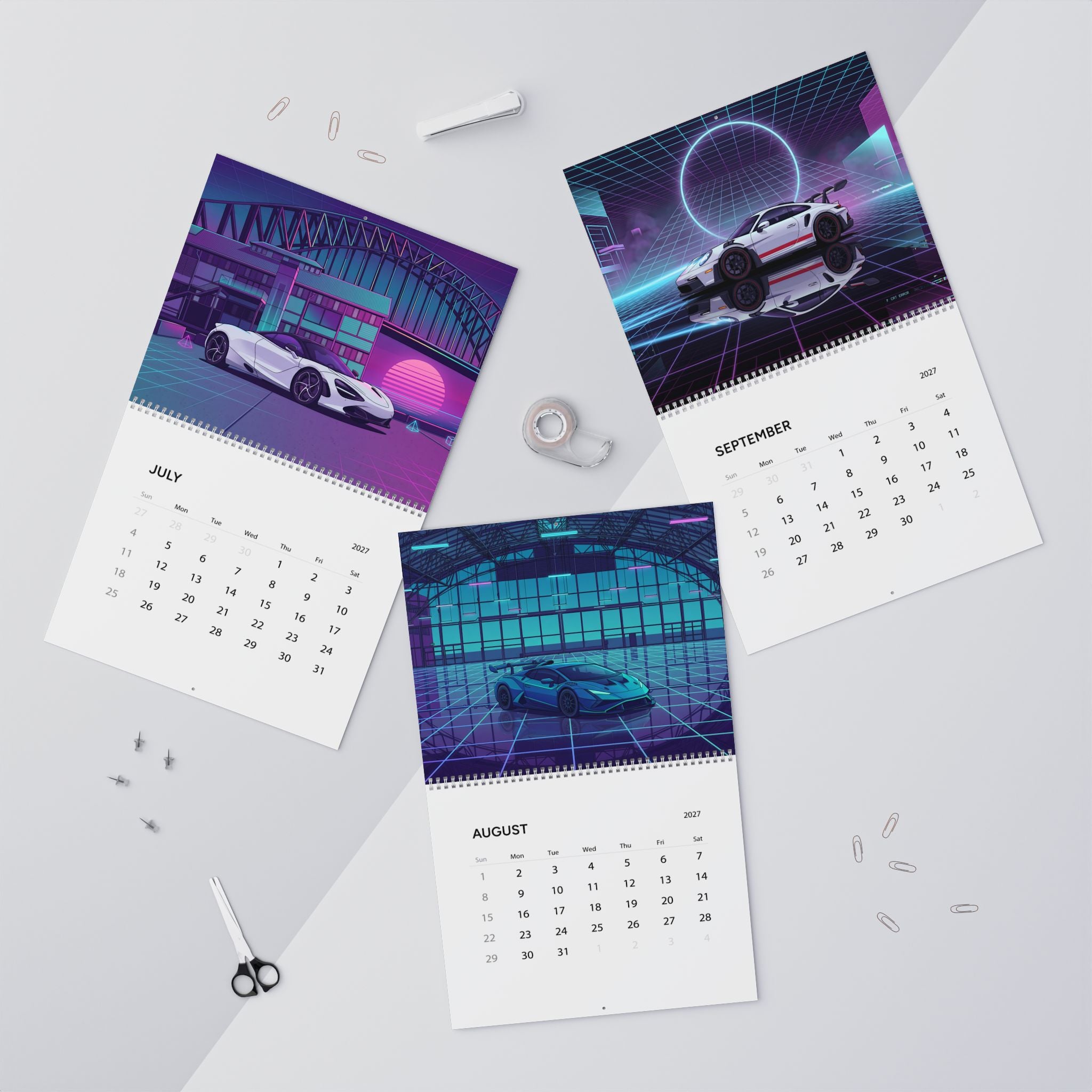 2027 Supercar Vaporwave Wall Calendar – Exotic Performance Cars & Retro Neon Artwork Collection