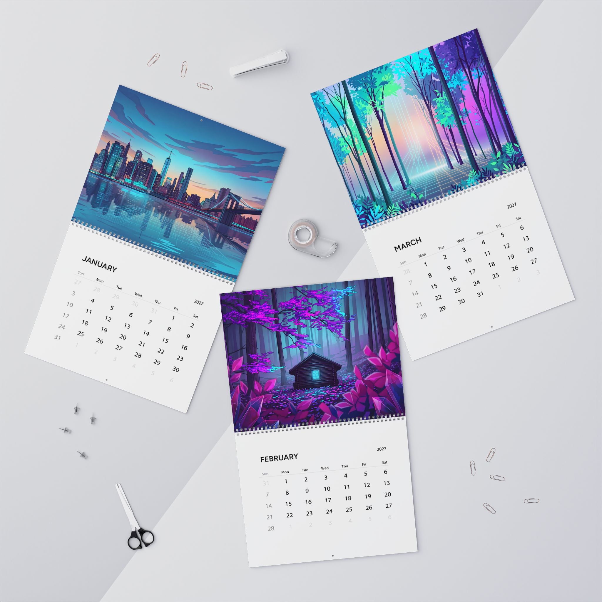 2027 Vaporwave Artwork Wall Calendar – Colorful Retro Futuristic Artwork