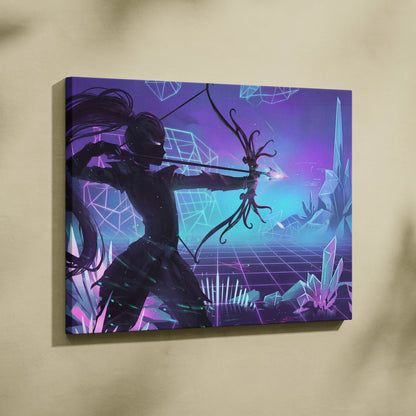 Vaporwave Neon Fantasy Canvas - Fantasy Archer Neon Purple Blue Living Room Vaporwave Dreamy Mood Neon Wall Art Canvas