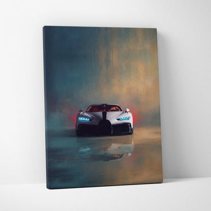 Bugatti Chiron Pur Sport inspired white canvas print with glowing blue headlights and reflective surface wall art