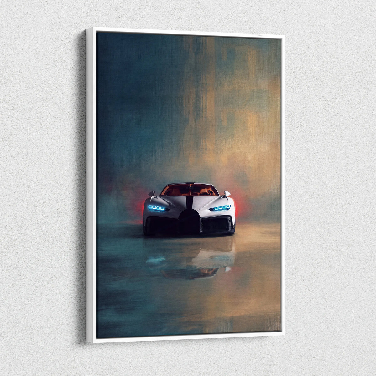 White bugatti chiron pur sport inspired canvas painting print with glowing blue headlights and red accents in white frame