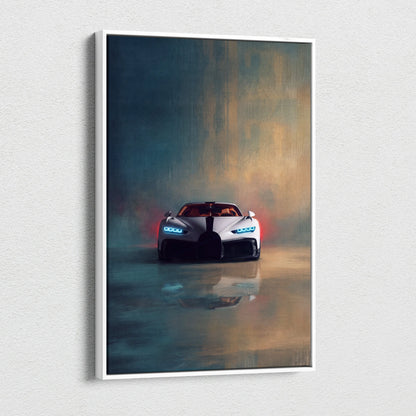 White bugatti chiron pur sport inspired canvas painting print with glowing blue headlights and red accents in white frame