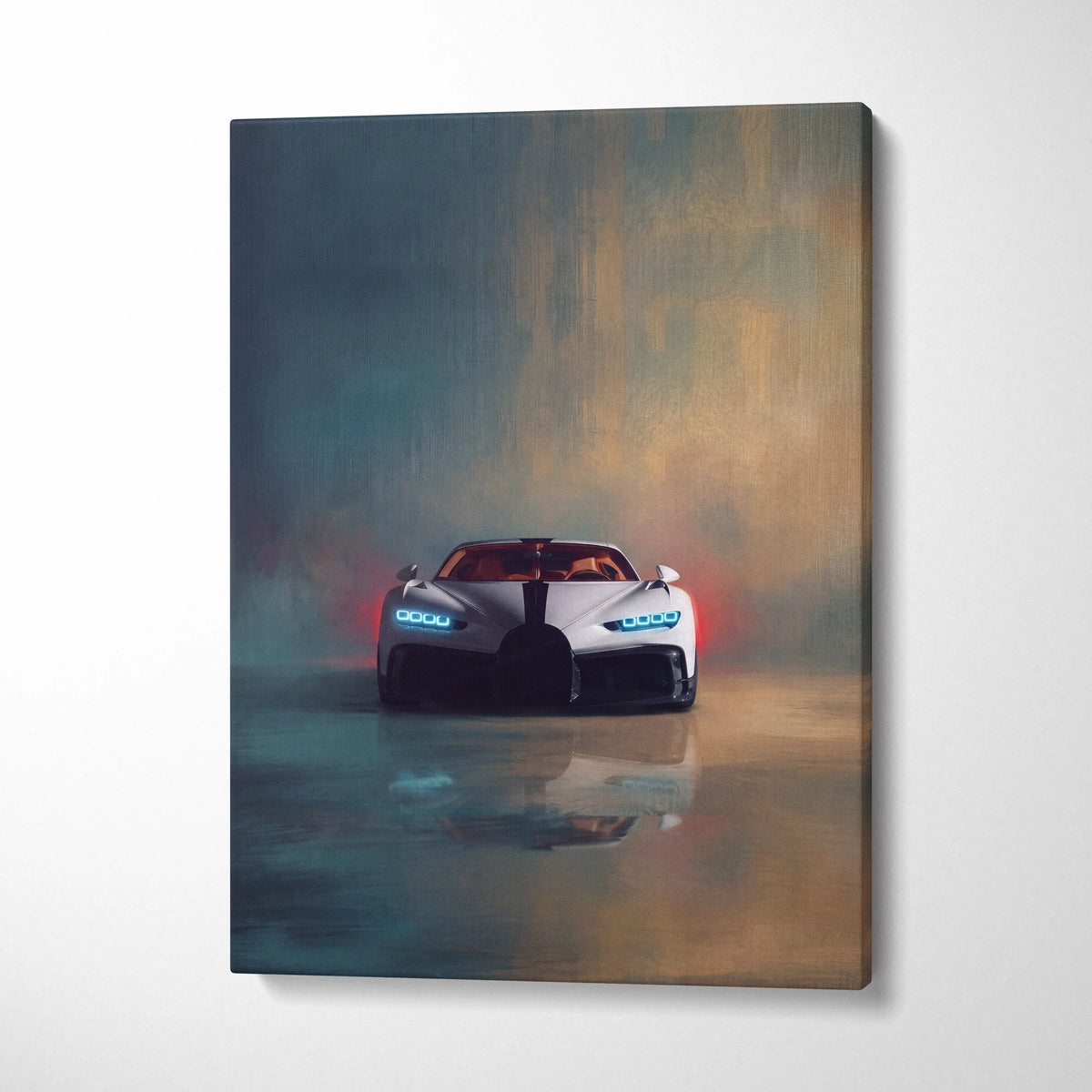 Bugatti chiron pur sport inspired car wall art canvas painting print featuring a white car with glowing blue headlights and red taillights