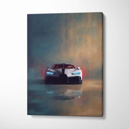 Bugatti chiron pur sport inspired car wall art canvas painting print featuring a white car with glowing blue headlights and red taillights