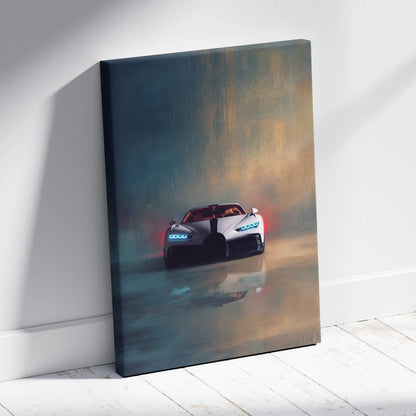 Bugatti Chiron Pur Sport inspired white canvas wall art with glowing blue headlights on reflective wet road scene