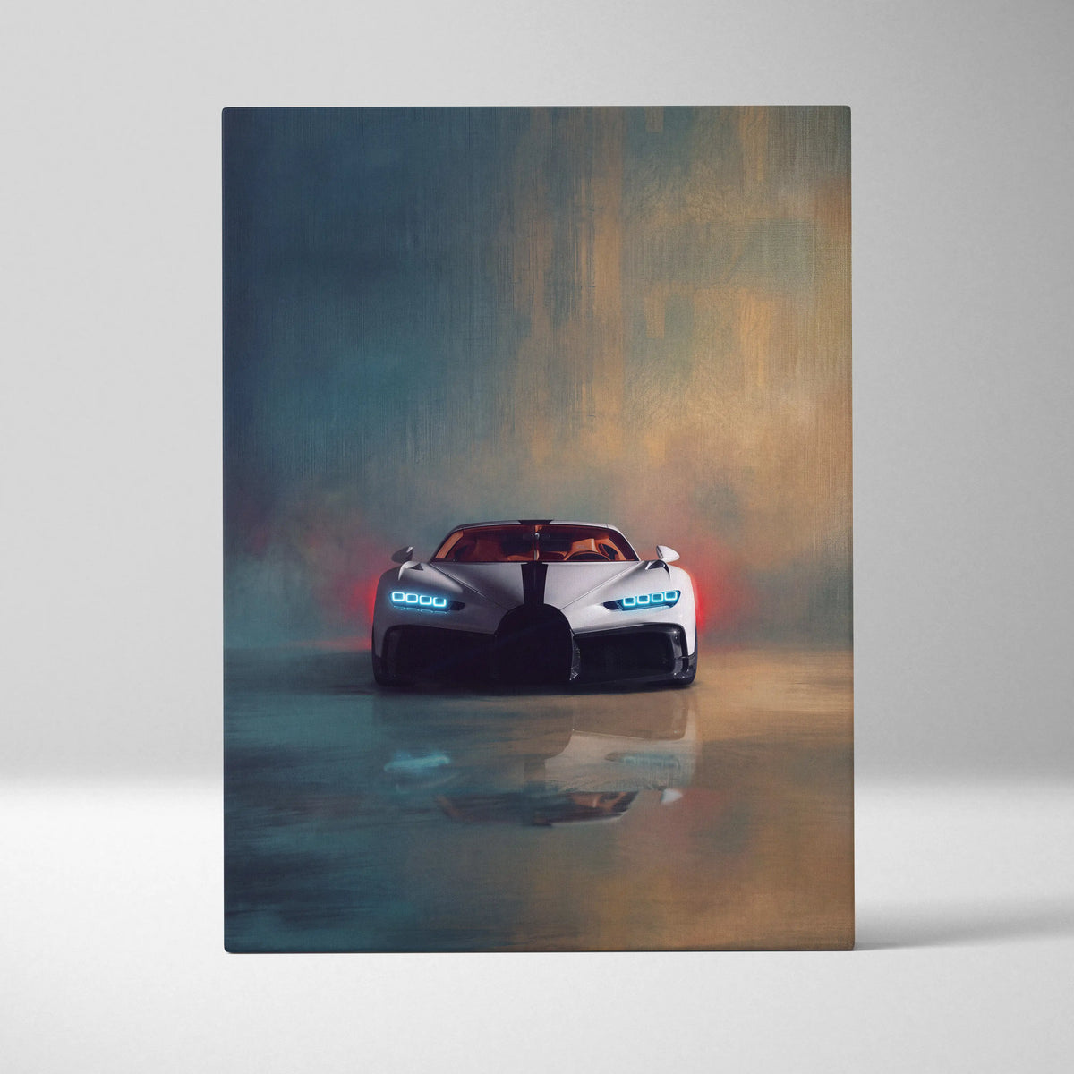 Bugatti Chiron Pur Sport inspired white car wall art with glowing blue headlights and black racing stripes on canvas print