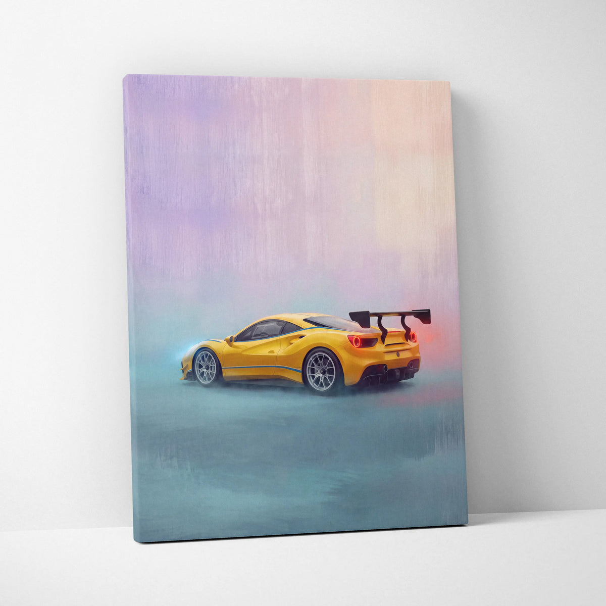 Ferrari 488 Pista inspired luxury supercar canvas print featuring a vibrant yellow sports car with a black spoiler