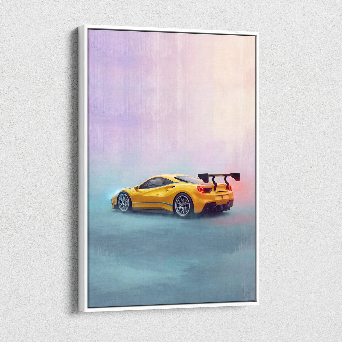 Yellow ferrari 488 pista inspired sports car canvas print with sleek design and vibrant gradient background wall art