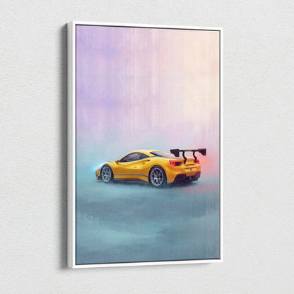 Yellow ferrari 488 pista inspired sports car canvas print with sleek design and vibrant gradient background wall art