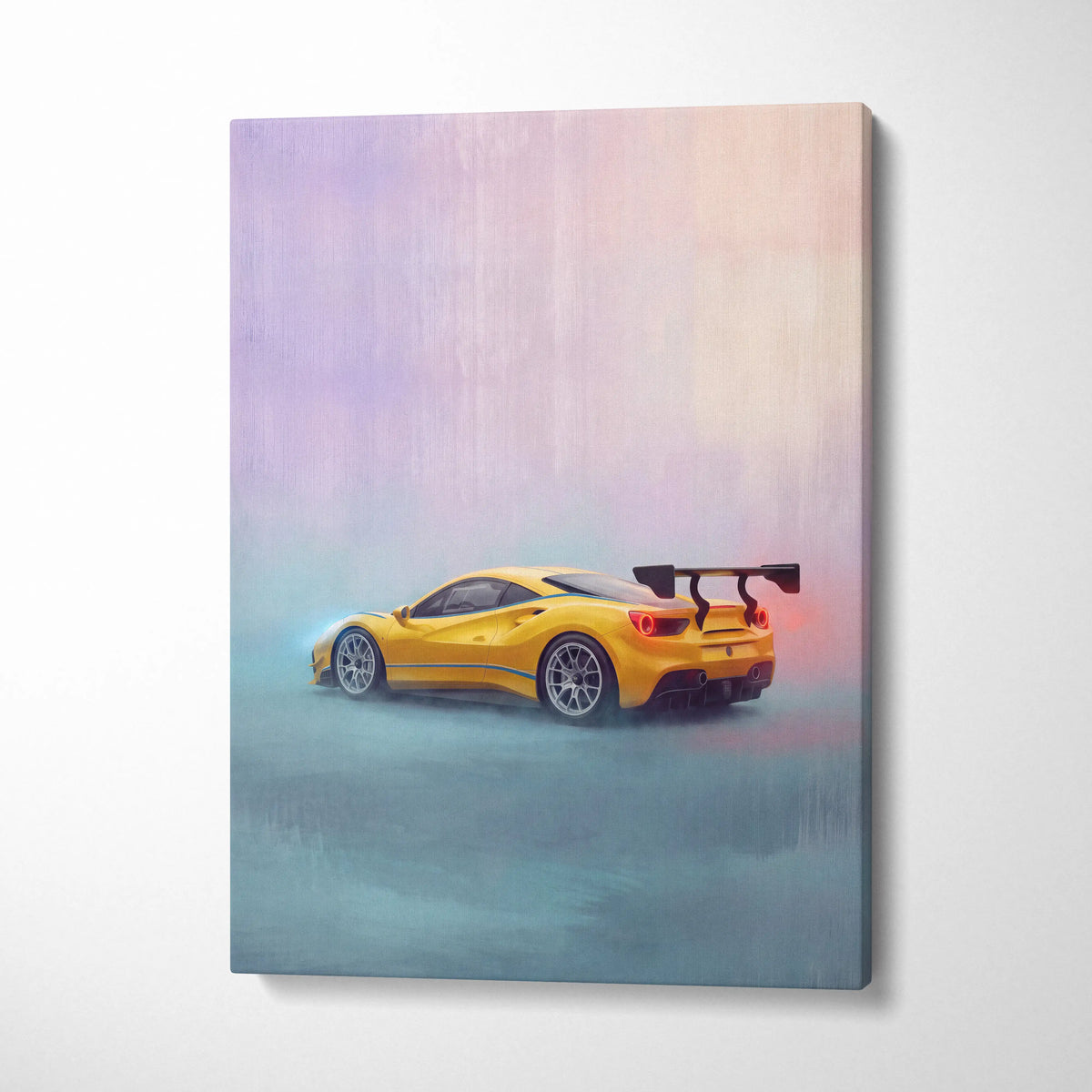 Vibrant yellow Ferrari 488 Pista inspired luxury sports car canvas wall art with glowing blue and red accents