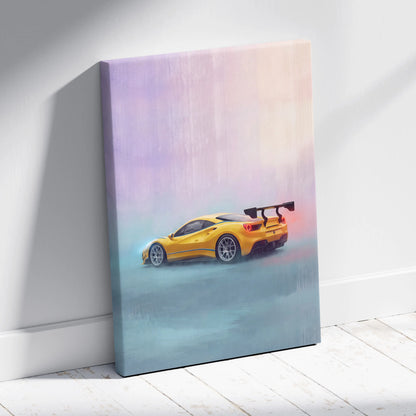 A vibrant yellow Ferrari 488 Pista inspired canvas print featuring a sleek aerodynamic design and rear spoiler