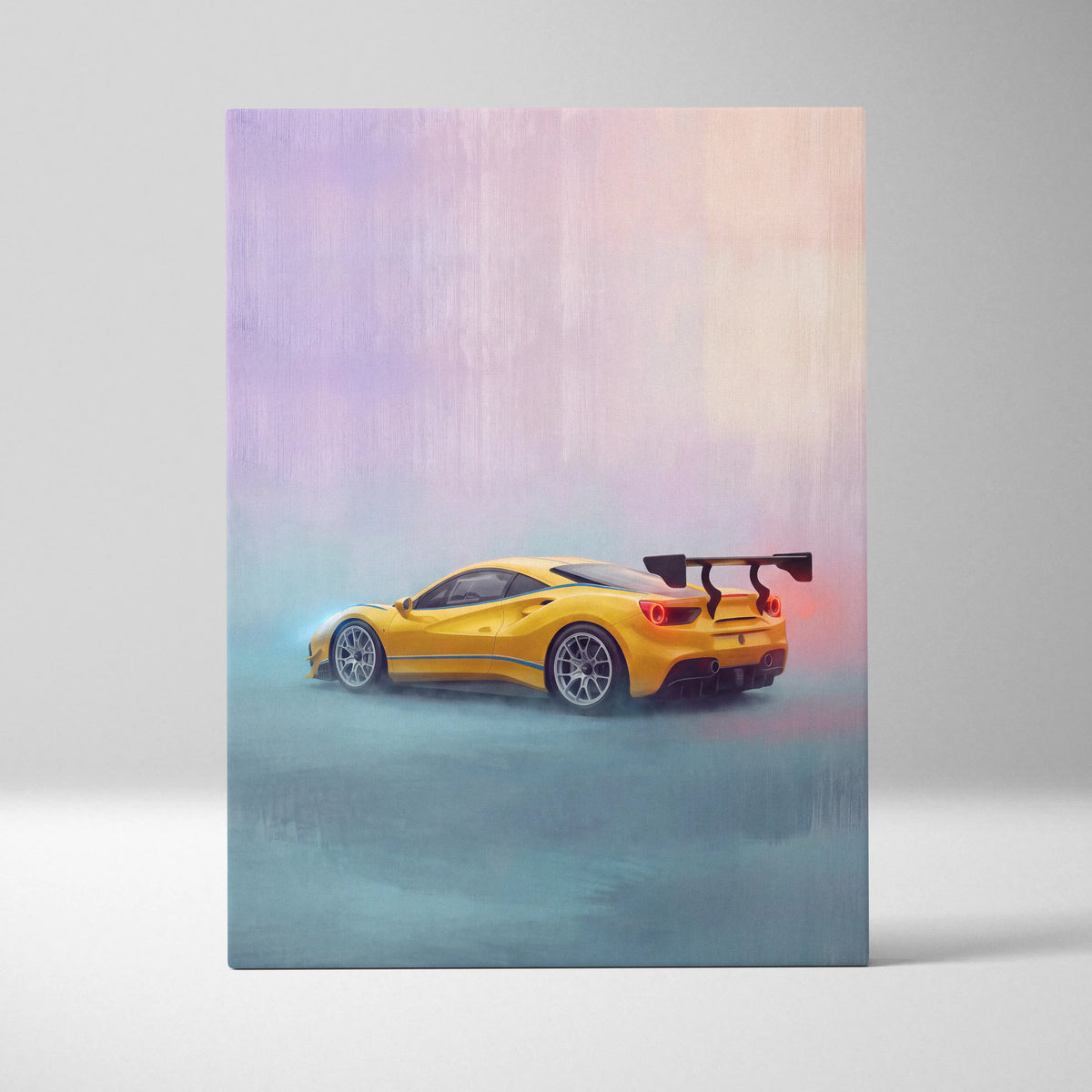 Back view of vibrant yellow Ferrari 488 Pista inspired sports car with rear spoiler in stylized automotive canvas art