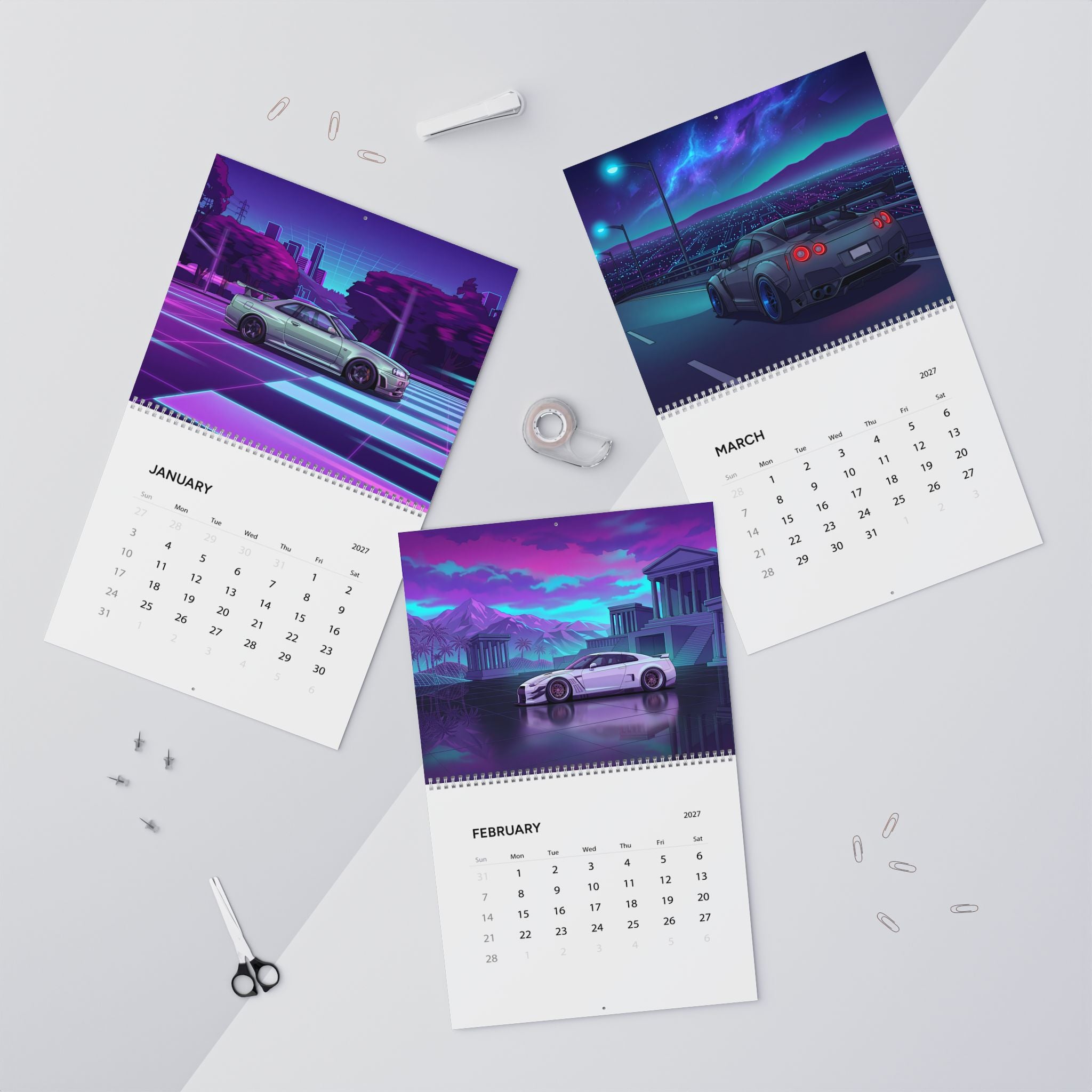 2027 Nissan GT-R Inspired Vaporwave Wall Calendar – Japanese Performance Car & Retro Neon Artwork Collection