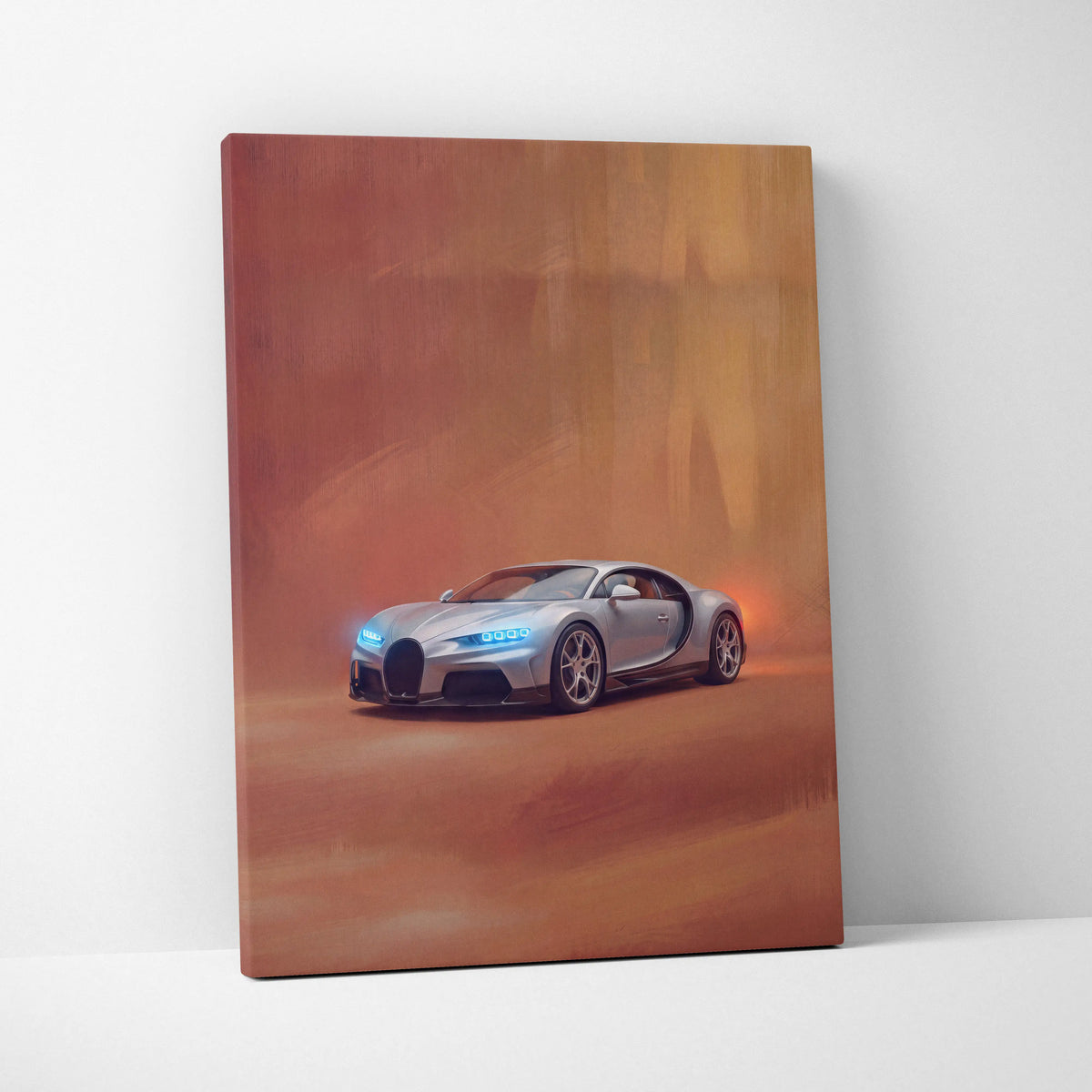 Silver bugatti chiron sports car canvas art with glowing blue headlights on orange desert background wall print