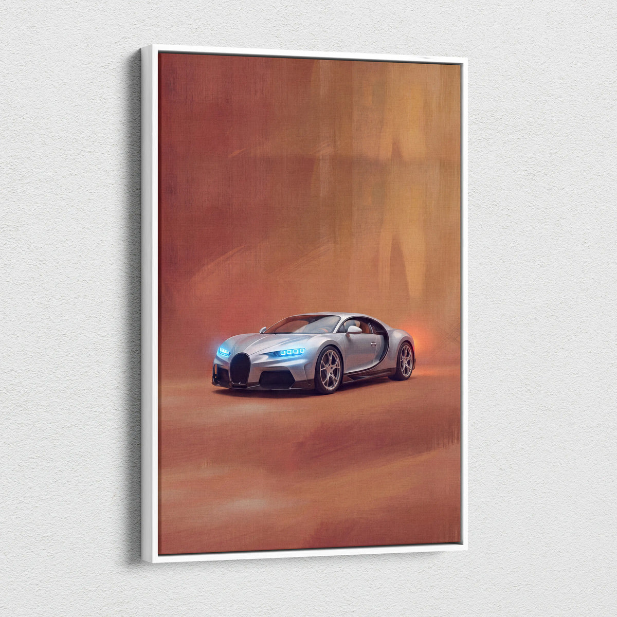 Silver Bugatti Chiron inspired supercar canvas art with glowing blue headlights and orange ambient lighting wall print