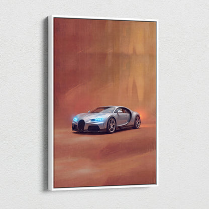 Silver Bugatti Chiron inspired supercar canvas art with glowing blue headlights and orange ambient lighting wall print