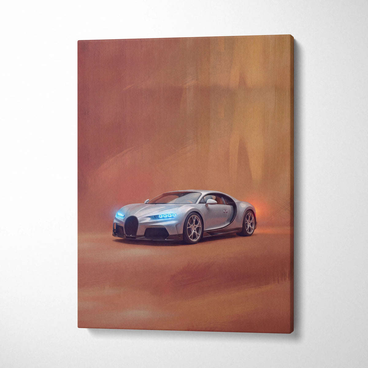 Silver bugatti chiron inspired supercar canvas art print with glowing blue headlights and sleek aerodynamic design