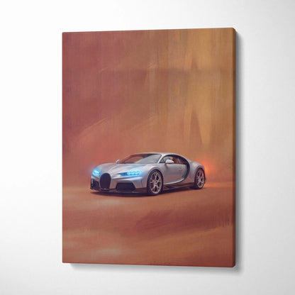 Silver bugatti chiron inspired supercar canvas art print with glowing blue headlights and sleek aerodynamic design