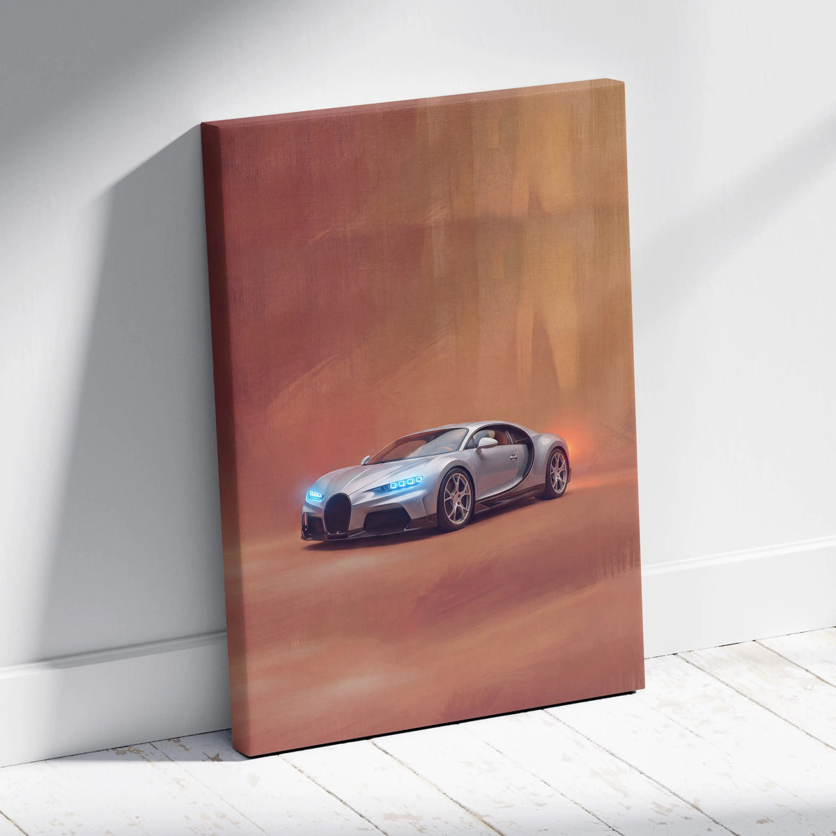 Bugatti Chiron inspired silver canvas print with glowing blue headlights and orange ambient lighting for wall art