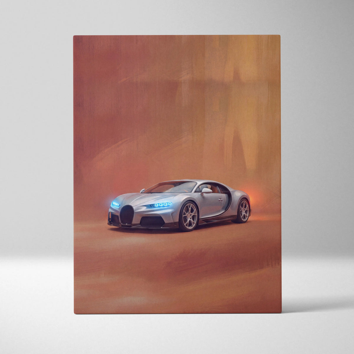Bugatti Chiron inspired supercar canvas art print featuring a silver sports car with blue headlights on orange background
