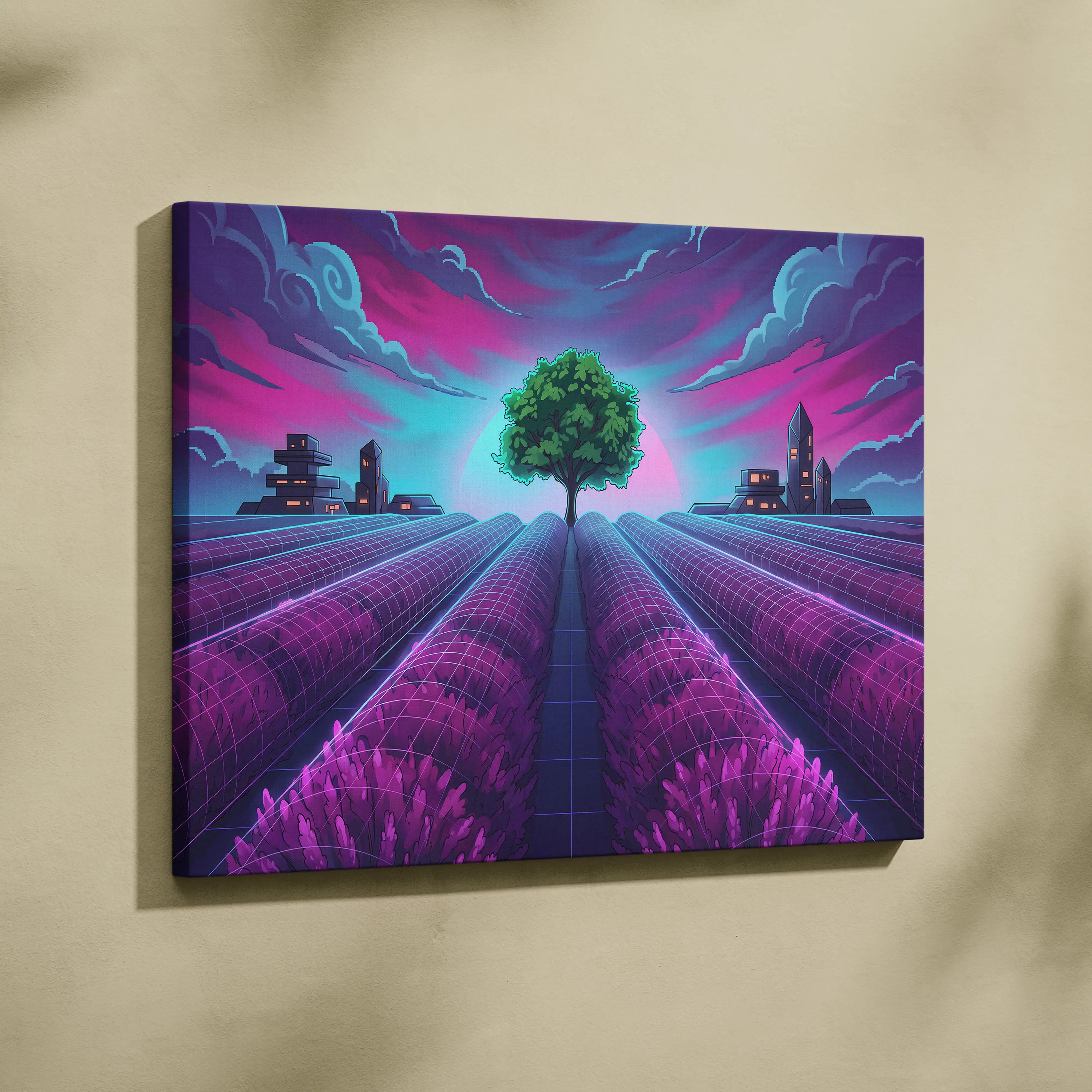 Neon Vaporwave Cityscape Canvas - Vaporwave Cityscape Neon Pink Blue Canvas Dreamy Mood, Retro Futurism Decor