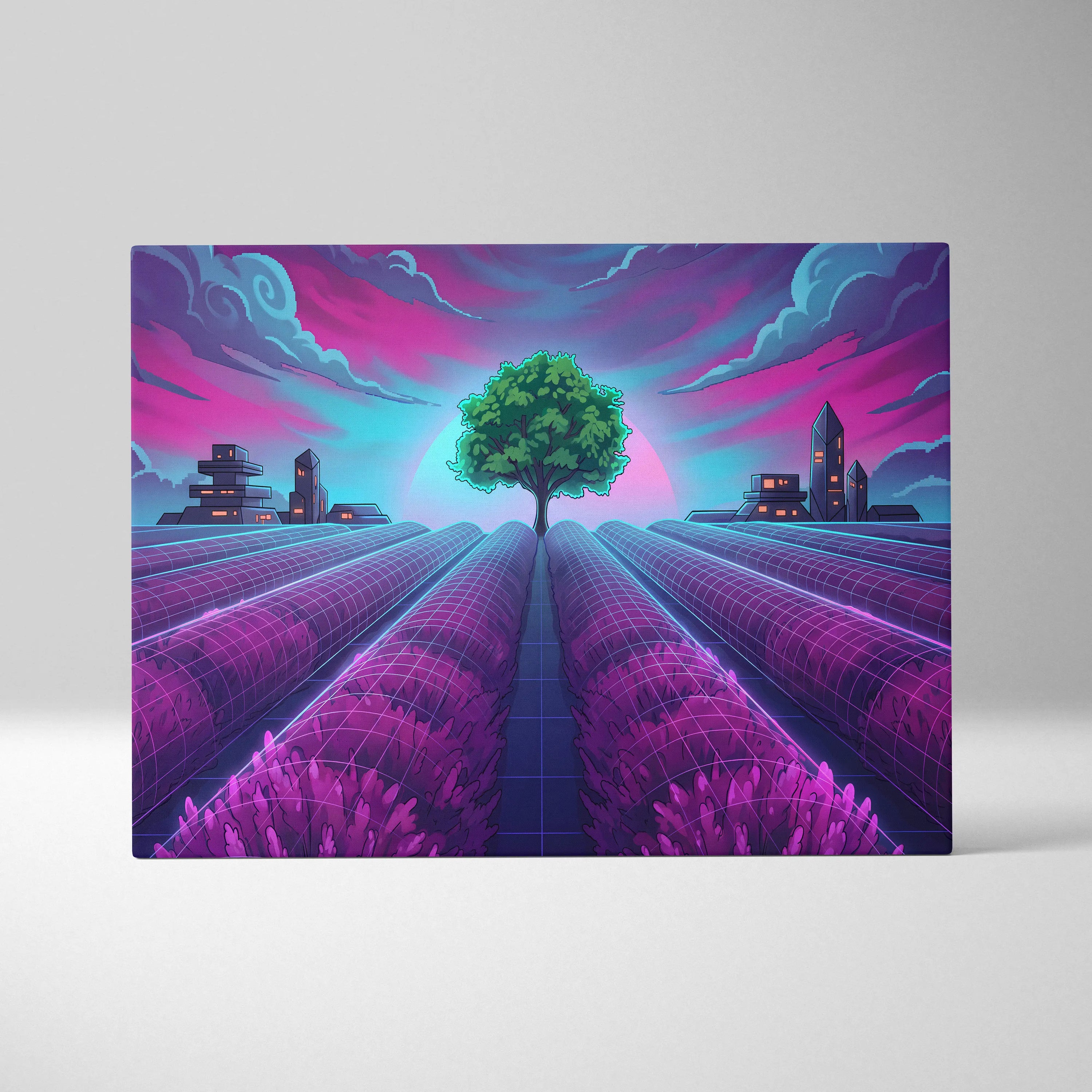 Neon Vaporwave Cityscape Canvas - Vaporwave Cityscape Neon Pink Blue Canvas Dreamy Mood, Retro Futurism Decor