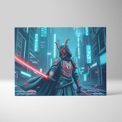 Neon Samurai Vaporwave Canvas - Samurai Neon Blue Pink Living Room Vaporwave Moody Neon Retro Futurist Wall Art Canvas