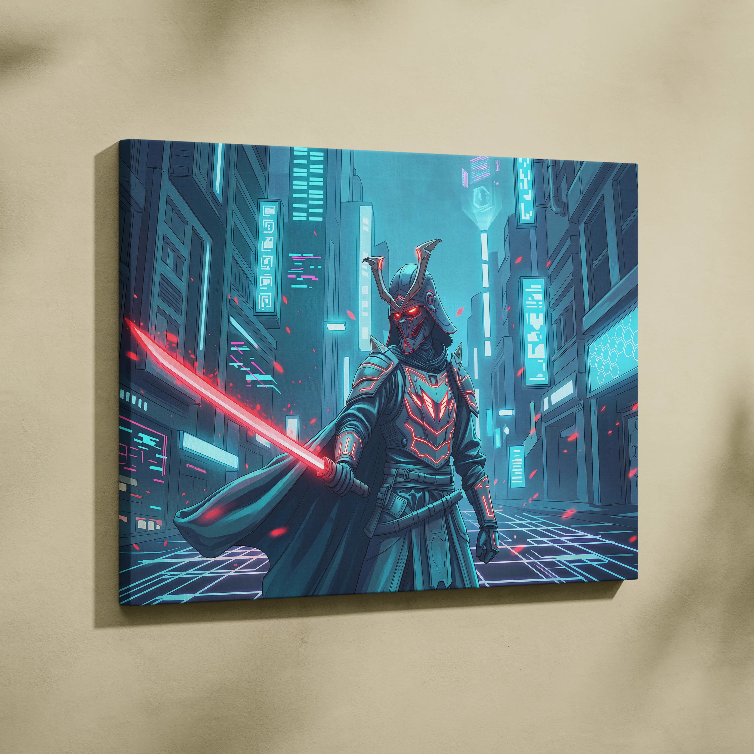 Neon Samurai Vaporwave Canvas - Samurai Neon Blue Pink Living Room Vaporwave Moody Neon Retro Futurist Wall Art Canvas