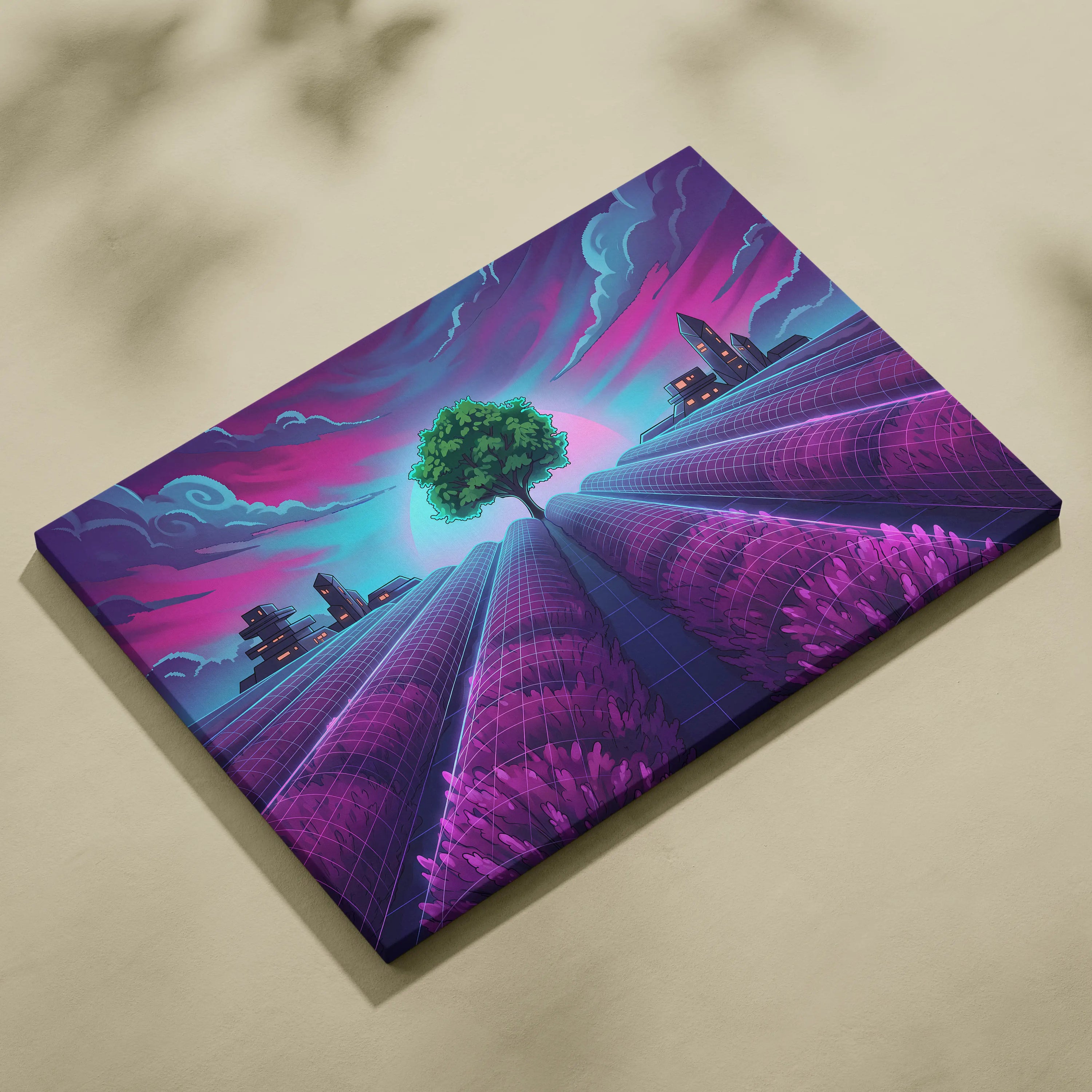 Neon Vaporwave Cityscape Canvas - Vaporwave Cityscape Neon Pink Blue Canvas Dreamy Mood, Retro Futurism Decor